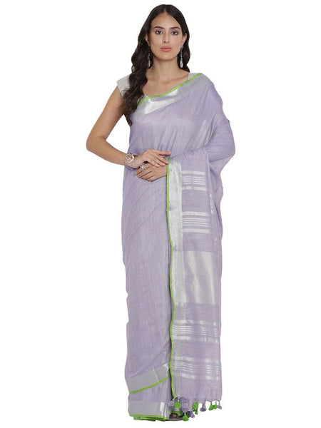 Mauve Purple women's Bhagalpuri Handloom Cotton Linen Blend Saree With Contrast Unstiched Blouse Piece
