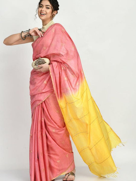 Handloom Semi Tussar Silk Bhagalpuri Two Dye Striped Temple Motif Saree (Blush_Pink & Canary_Yellow)