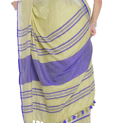 Primrose Yellow-Blue women's Bhagalpuri Handloom Cotton Linen Blend Contrast Pallu Saree And Unstitched Contrast Blouse Piece - View 3