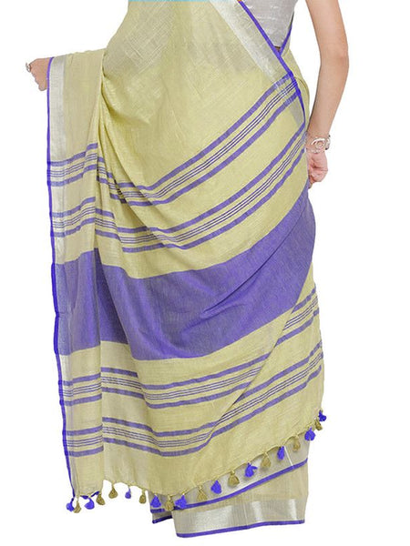 Primrose Yellow-Blue women's Bhagalpuri Handloom Cotton Linen Blend Contrast Pallu Saree And Unstitched Contrast Blouse Piece - View 3