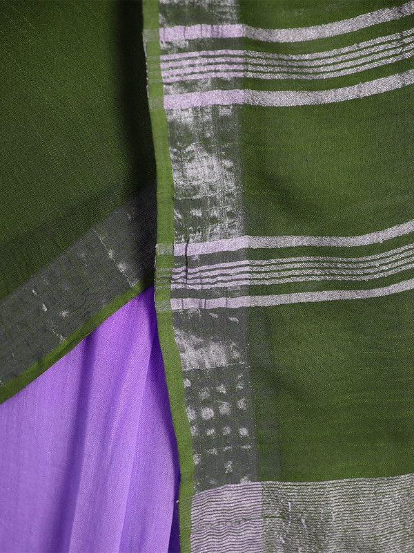 Amethyst Purple & Moss Green women's Bhagalpuri Handloom Linen Cotton Blend Two Dye Saree With Running Unstitched Blouse Piece - View 3