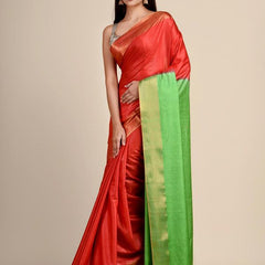 Munga Tussar Silk Blend Handloom Two Dye Saree with Blouse Piece(Red & Kelly_Green) - View 2