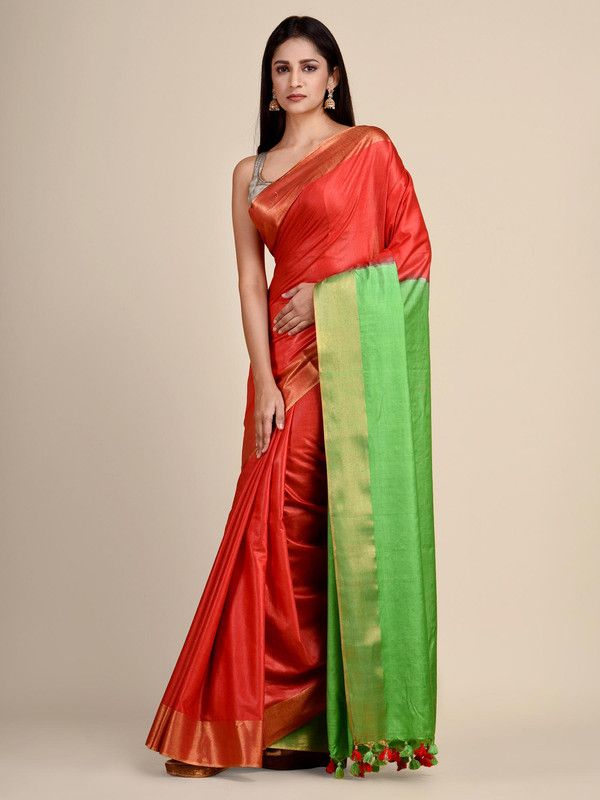Munga Tussar Silk Blend Handloom Two Dye Saree with Blouse Piece(Red & Kelly_Green) - View 2