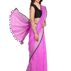 Ultra Pink women's Bhagalpuri Blend Linen Saree With Black Pipine Contrast Blouse Piece - View 2
