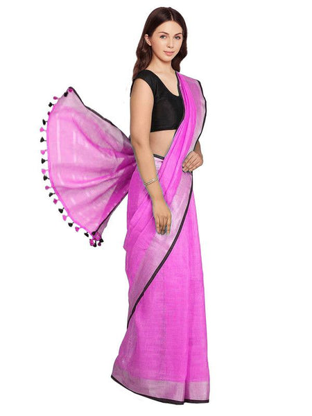 Ultra Pink women's Bhagalpuri Blend Linen Saree With Black Pipine Contrast Blouse Piece - View 2