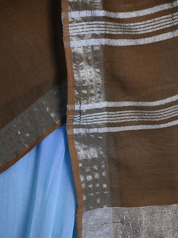 Cyan & Coffee Brown women's Bhagalpuri Handloom Linen Cotton Blend Two Dye Saree With Running Unstitched Blouse Piece - View 5