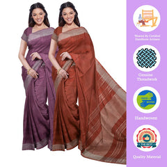 Quinacridone Magenta & Sienna Orange women's Bhagalpuri Handloom Cotton-Linen Blend Saree Combo (Pack Of 2) With Running Unstiched Blouse Piece - View 2