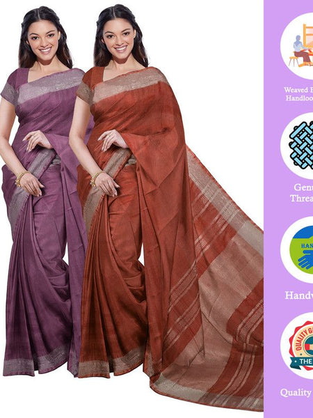 Quinacridone Magenta & Sienna Orange women's Bhagalpuri Handloom Cotton-Linen Blend Saree Combo (Pack Of 2) With Running Unstiched Blouse Piece - View 2