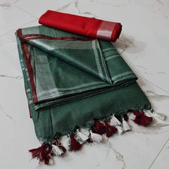 Handloom Bhagalpuri Linen Cotton Blend Contrast Border Saree for Women (12646 Stromeb_Green-Red)