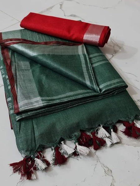 Handloom Bhagalpuri Linen Cotton Blend Contrast Border Saree for Women (12646 Stromeb_Green-Red)