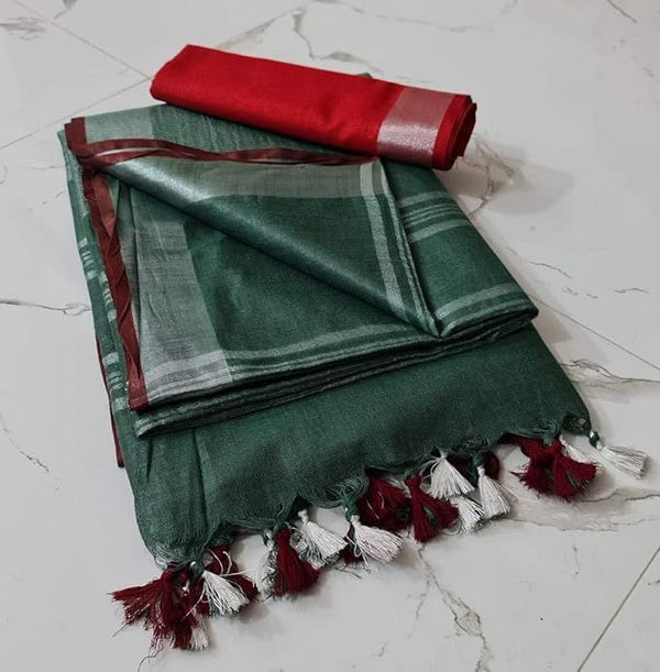 Handloom Bhagalpuri Linen Cotton Blend Contrast Border Saree for Women (12646 Stromeb_Green-Red)