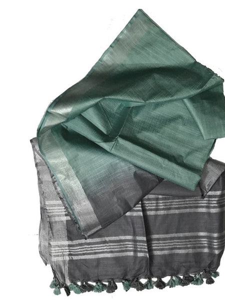 Hooker's Green & Grey women's Ethnic Wear Bhagalpuri Handloom Linen Slub Blend Two Dye Saree With Running Unstitched Blouse Piece