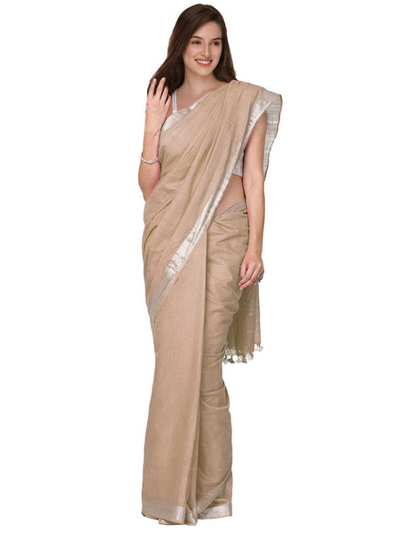 Tan Brown women's Cotton Slub Saree With Blouse Piece