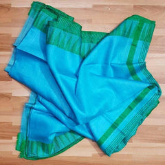 Semi Tussar Silk Handloom Temple Border Bhagalpuri Saree (100172 Azure_Cyan-British_Green)