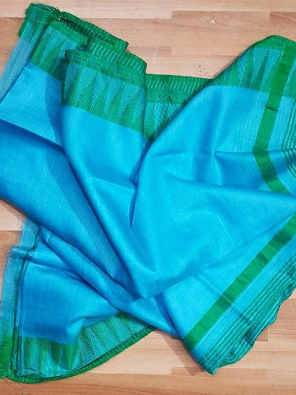 Semi Tussar Silk Handloom Temple Border Bhagalpuri Saree (100172 Azure_Cyan-British_Green)