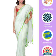 Whte-Green women's Bhagalpuri Handloom Linen Cotton Blend White Saree With Silver Zari Border And Contrast Unstitched Blouse Piece - View 2