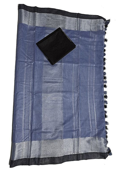 Vista Blue Bhagalpuri Handloom women's Linen Slub Blend Saree With Black Pipin Contrast Blouse Piece - View 2