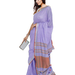 Lavener Purple-Red women's Bhagalpuri Handloom Cotton Linen Blend Contrast Pallu Saree And Unstitched Contrast Blouse Piece - View 3