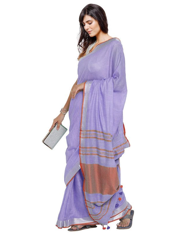 Lavener Purple-Red women's Bhagalpuri Handloom Cotton Linen Blend Contrast Pallu Saree And Unstitched Contrast Blouse Piece - View 3