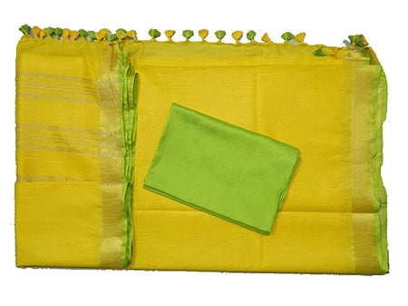 Yellow-Parrot Green-Gold women's Handloom Bhagalpuri Linen Cotton Blend Saree Ethnic Wear With Contrast Unstitched Blouse Piece