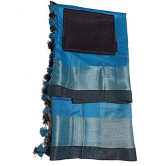 Cyan Bhagalpuri Handloom women's Linen Slub Blend Saree With Black Pipin Contrast Blouse Piece - View 6