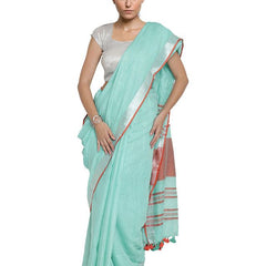 Bhagalpuri Handloom Cotton Linen Blend Contrast Pallu Saree And Unstitched Contrast Blouse Piece