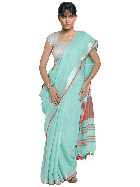 Bhagalpuri Handloom Cotton Linen Blend Contrast Pallu Saree And Unstitched Contrast Blouse Piece