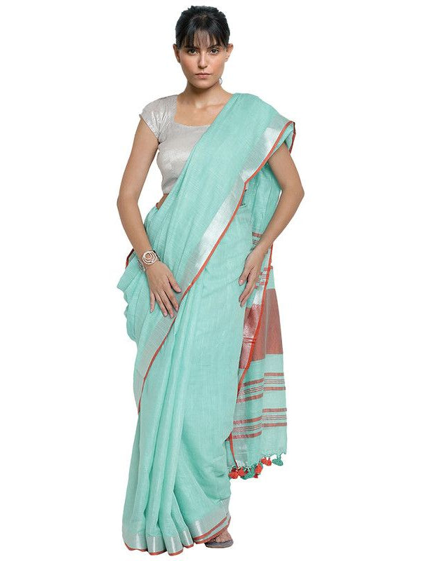 Bhagalpuri Handloom Cotton Linen Blend Contrast Pallu Saree And Unstitched Contrast Blouse Piece