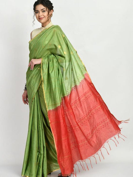 Two Dye Handloom Bhagalpuri Striped Semi Tussar Silk Temple Motif Saree (Olivine_Green & Tereracota_Red) - View 2
