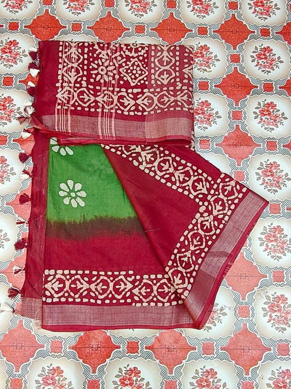 Linen Cotton Blend Handloom Tie-Dye Batik Print Saree with Blouse Piece (SLBR_Lawn_Green & Lawaiie_Maroon)