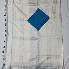White  Bhagalpuri Blend Linen Saree With Contrast Free Blouse Piece - View 2