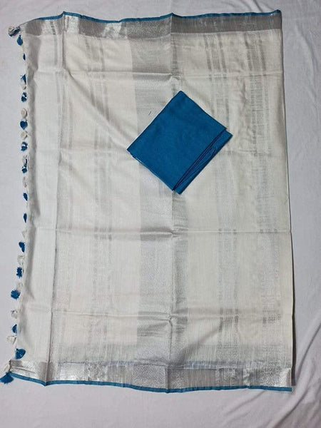 White  Bhagalpuri Blend Linen Saree With Contrast Free Blouse Piece - View 2