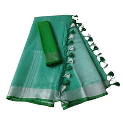 Handloom Bhagalpuri Linen Cotton Blend Contrast Border Saree for Women (12638 Mint_Green-Green) - View 2