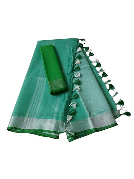 Handloom Bhagalpuri Linen Cotton Blend Contrast Border Saree for Women (12638 Mint_Green-Green) - View 2