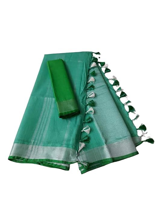 Handloom Bhagalpuri Linen Cotton Blend Contrast Border Saree for Women (12638 Mint_Green-Green) - View 2