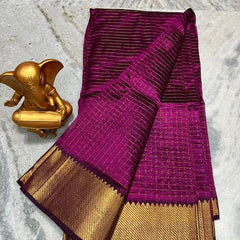 Cotton Silk Handloom Bhagalpuri Wide Border Check Saree (Gold-Magenta)