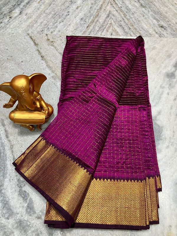 Cotton Silk Handloom Bhagalpuri Wide Border Check Saree (Gold-Magenta)