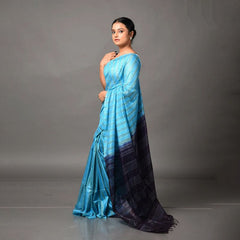 Handloom Semi Tussar Silk Bhagalpuri Two Dye Striped Saree (Cyan & Black) - View 3
