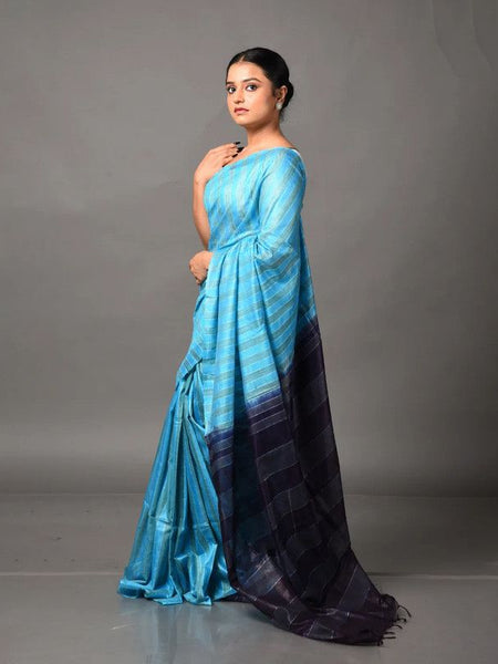 Handloom Semi Tussar Silk Bhagalpuri Two Dye Striped Saree (Cyan & Black) - View 3