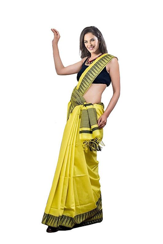Yellow women's Bhagalpuri Handloom Kota Silk Temple Border Saree And Variation Of Colors With Striped Blouse Piece - View 4