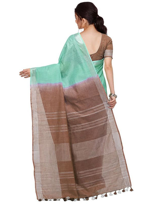 Aquamarine Turquoise & Brown women's Bhagalpuri Handloom Pure Cotton Two Dye Saree With Running Unstitched Blouse Piece - View 3