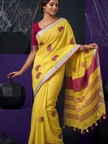 Handwoven Bhagalpuri Linen Blend Embroidered Saree With Contrast Blouse Piece(Yellow_Pink)