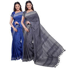 Cobalt Blue & Grey women's Bhagalpuri Handloom Cotton-Linen Blend Saree Combo (Pack Of 2) With Running Unstiched Blouse Piece