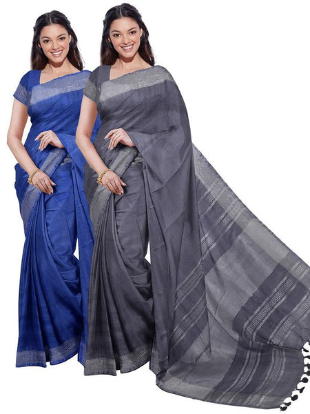 Cobalt Blue & Grey women's Bhagalpuri Handloom Cotton-Linen Blend Saree Combo (Pack Of 2) With Running Unstiched Blouse Piece