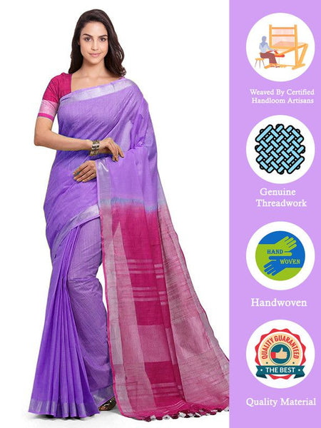 Lilac Purple & Raspberry Pink women's Bhagalpuri Handloom Ethnic Wear Linen Two Dye Saree With Running Unstitched Blouse Piece - View 2