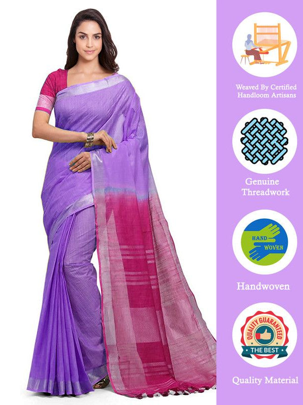 Lilac Purple & Raspberry Pink women's Bhagalpuri Handloom Ethnic Wear Linen Two Dye Saree With Running Unstitched Blouse Piece - View 2