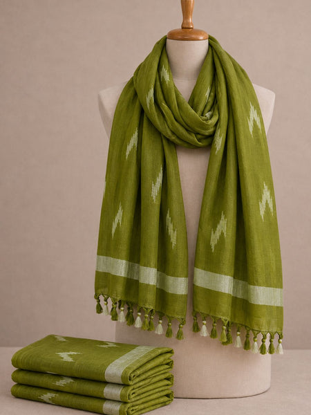 Linen Cotton Blend Zari Weaving Handloom Ikkat Dupatta (12003 Apple_Green)
