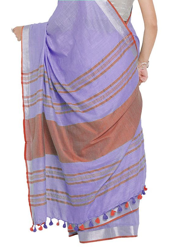 Lavener Purple-Red women's Bhagalpuri Handloom Cotton Linen Blend Contrast Pallu Saree And Unstitched Contrast Blouse Piece - View 6