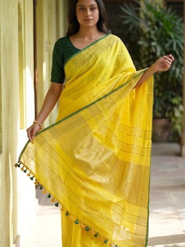 Handloom Bhagalpuri Linen Cotton Blend Contrast Border Saree for Women (12628 Gold-Yellow-Green) - View 3