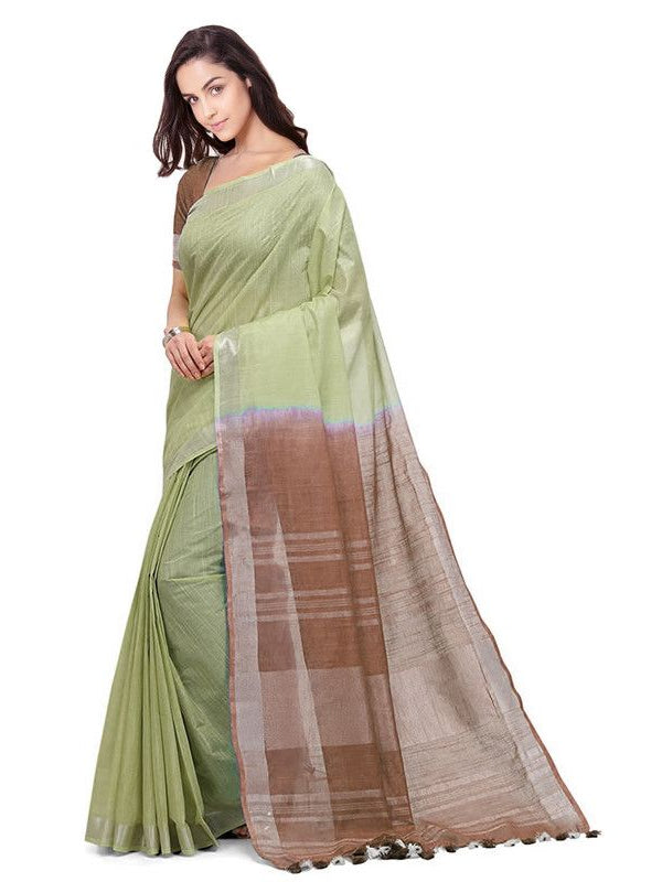 Khaki Tan & Brown women's Bhagalpuri Handloom Pure Cotton Two Dye Saree With Running Unstitched Blouse Piece - View 3